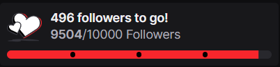 I am officially less than 500 followers away from my goal of 10k!✨ 
When I started streaming in 2021, I never ever thought I would get close to this number, so being under 500 away makes me so happy.🥰
I will do a massive 100 game marathon to celebrate this achievement.👀