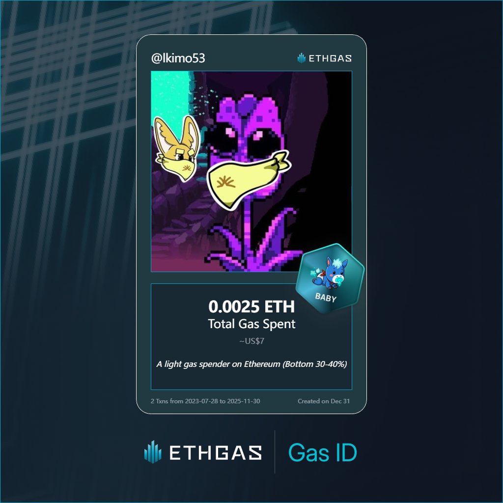 lkimo53's tweet photo. Just unlocked my Gas ID via ETHGas 🪪

I'm a Baby Jack with 0.0025 ETH spent on gas since Beacon Chain - now fueling my climb to the Gasless Future and earned 1 Beans already. 

Reveal yours at https://t.co/jwQBWNZ9Cn https://t.co/s4CuQ8p1qs