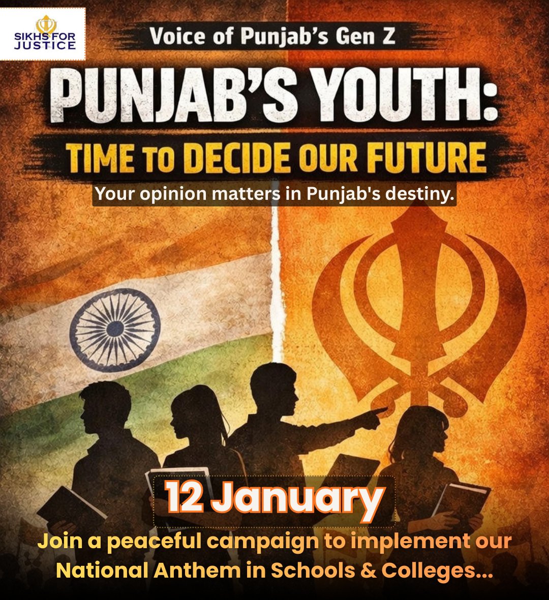 simra_nsinghX's tweet photo. Punjab's Gen Z speaks up! It's time to decide our future.
Join the peaceful campaign from 12 January to proudly implement our National Anthem in schools & colleges.
Your voice shapes Punjab's destiny.
#VoiceOfPunjabsGenZ #PunjabYouth #DecideOurFuture #SikhsForJustice https://t.co/xZT2YEzOYG