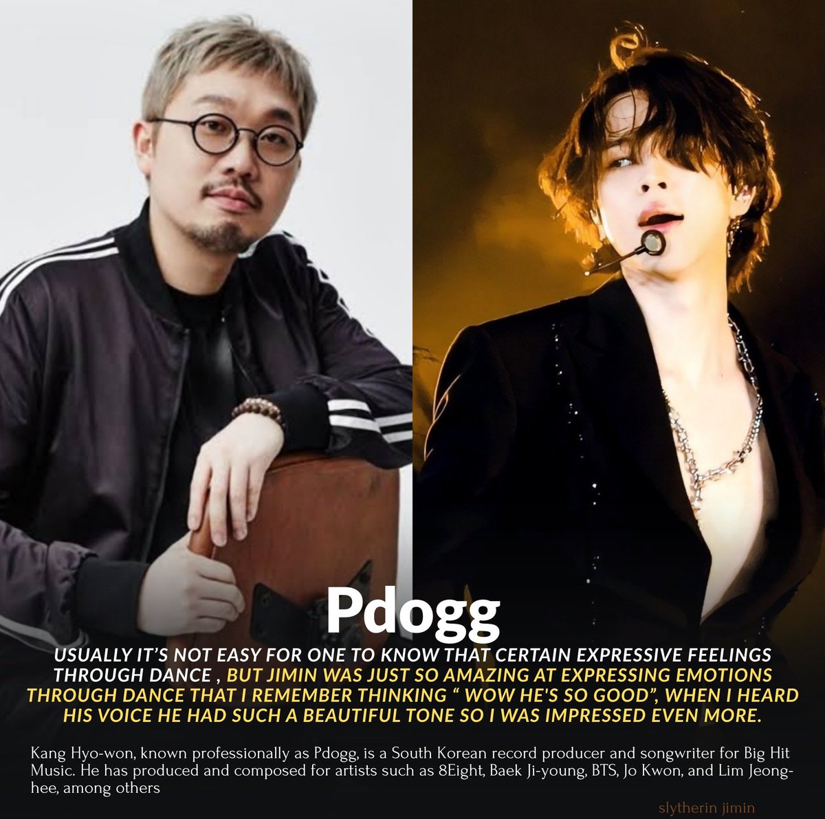 jimin_lil_devil's tweet image. Kang hyo-won (Pdogg) about Jimin 

👤usually it's not easy for one to know that certain expressive feelings through dance, but jimin was just so amazing at expressing emotions through dance that i remember thinking "wow he's so good", when i heard his voice he had such a…