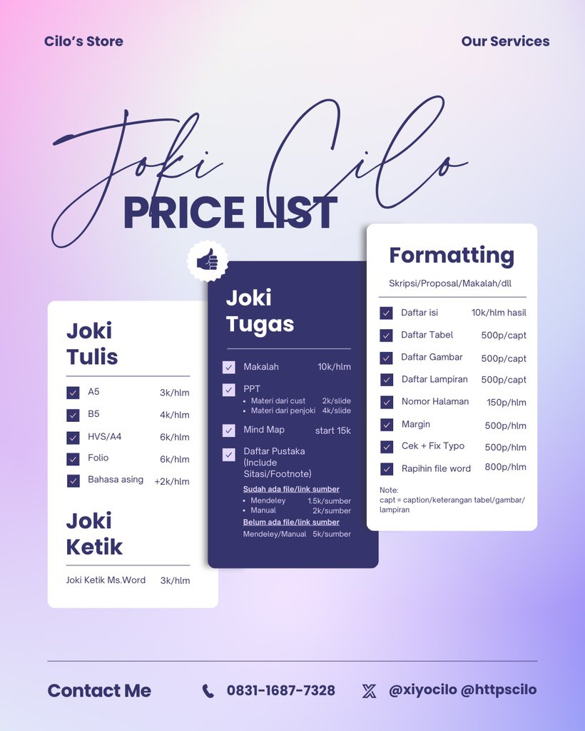 httpscilo's tweet image. aku open terus ya guys!💗

yg butuh joki formatting skripsi/proposal/makalah/laporan, nomor halaman, margin, dapus mendeley (sitasi/footnote), joki tulis, joki ketik, joki makalah, dll bisa wa.me/6283116877328

 #zonauang