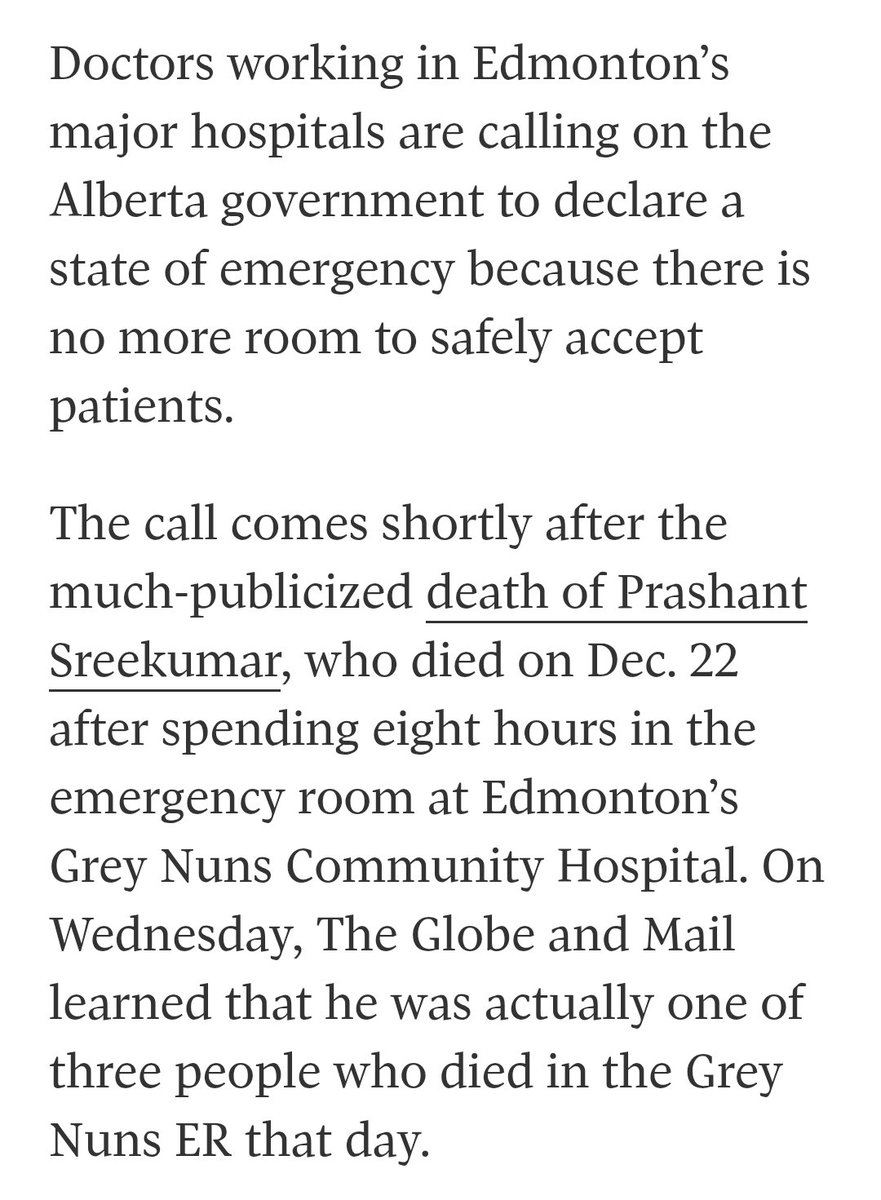 Doctors call for a state of emergency as Edmonton hospitals remain over capacity - and three patients died at Grey Nuns ER in one night.

The province says such action would be "misguided and would add nothing to what is already being done."

theglobeandmail.com/canada/article…