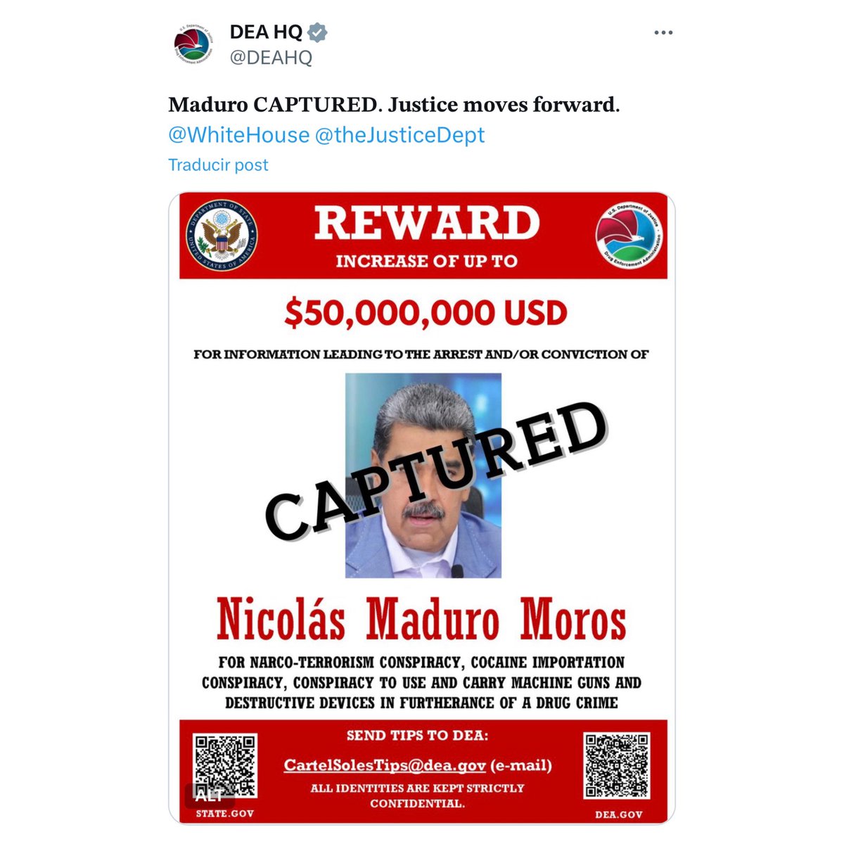 🇺🇸🇻🇪 | LO ÚLTIMO: La DEA actualiza información sobre Maduro:

“CAPTURADO”.