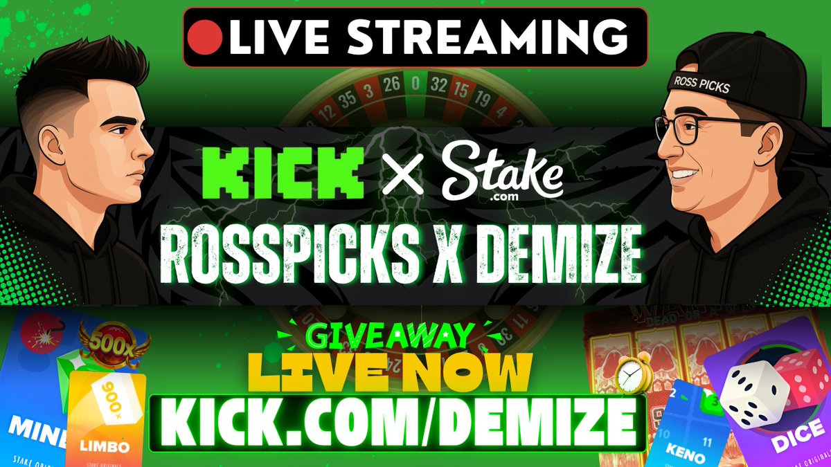 demize21's tweet image. 🚨LIVE BACK AGAIN ON KICK🚨

⭐ GIVEAWAYS TIPS ⭐💰

 SLOT TOURNAMENT 🎰 ⏰  Every winner get 25$ prize

STAY ACTIVE IN CHAT 🗨️ 

👇 Join the stream NOW 👇
🔴 LIVE: KICK.COM/DEMIZE

Follow : @rosspicks &amp;amp; @demize21

DROP YOUR #STAKE USERNAME 

Like + RT &amp;amp; TAG 3 FRIENDS 👇