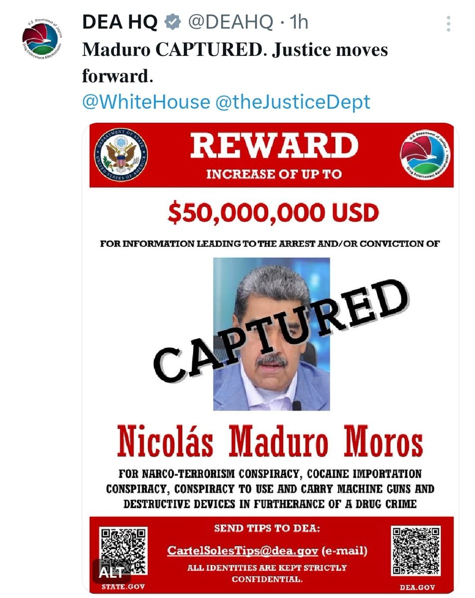 maibortpetit's tweet photo. Cerramos este miércoles 7 de enero 2026, con la publicación de la DEA, Capturado. https://t.co/loKZD7F1Hi