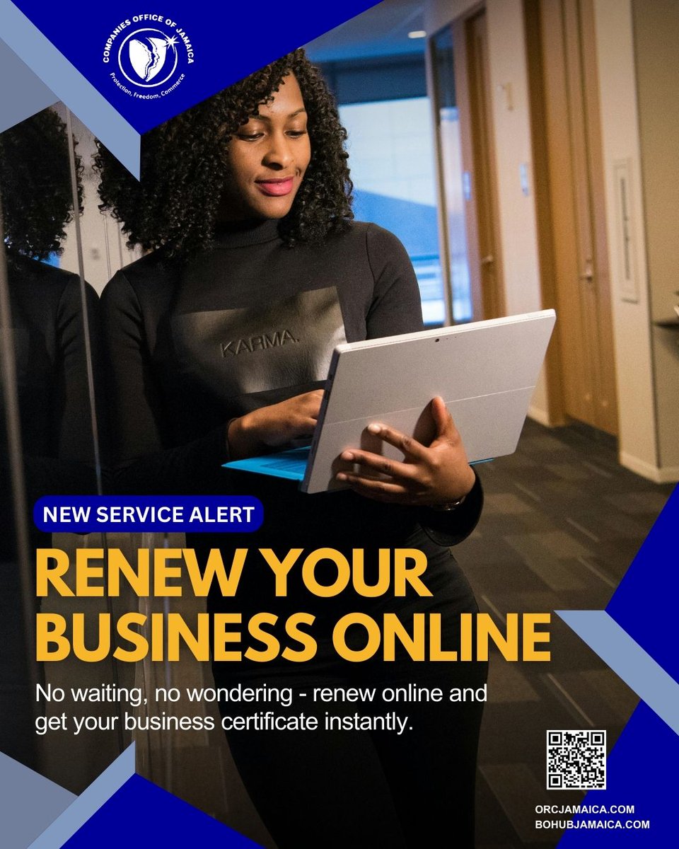 orcjamaica's tweet photo. Business Certificate Renewal is now online!
No waiting, no wondering - renew online and get your business certificate instantly.
#COJ #OnlineServices #Convenience #goOnline #businessrenewal #AvoidwaitGoOnline https://t.co/MWmthw3TlO