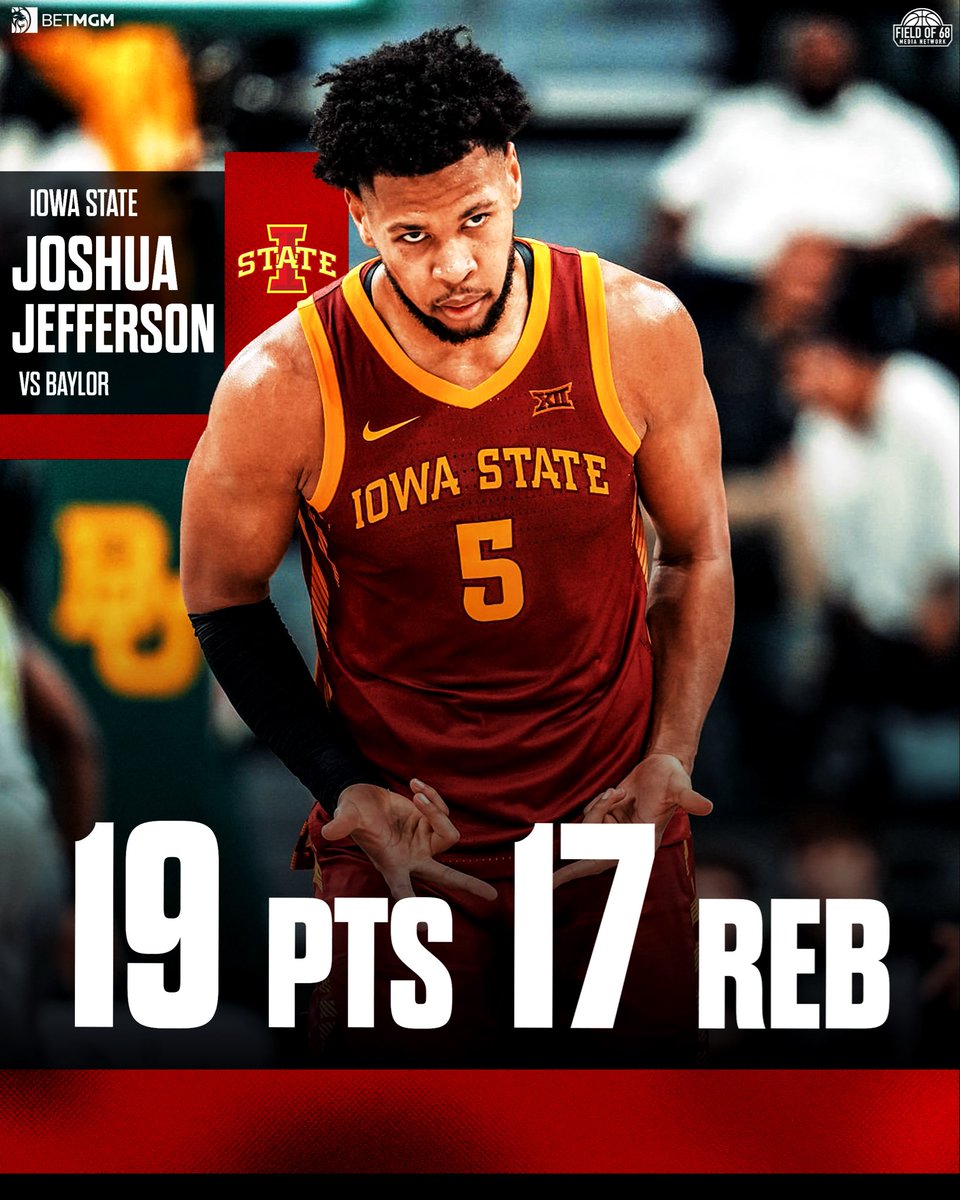 TheFieldOf68's tweet image. All American level stuff from Joshua Jefferson as he picks up his 7th double double of the season 👀

@CycloneMBB ARE 15-0 🔥