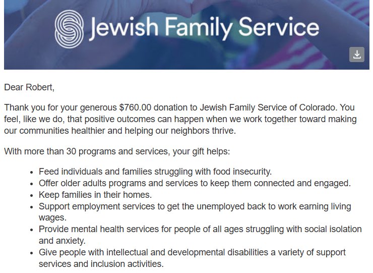 DenBillsBackers's tweet image. This week’s donation goes to Jewish Family Service! A few people made straight donations, so instead of just $500 from our 50/50 raffle, our total donation this week was $760 thanks to you #BillsMafia! Let’s keep it going in the playoffs!