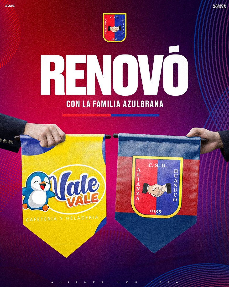 Renovamos nuestro vínculo con Vale Vale, sponsor oficial 2026. 🤝

Hidrátate con la mejor agua 100% huanuqueña. 💧
📍 Jr. General Prado Nro. 880

#VamosHuánuco
#VamosAlianzaUDH 🔴🔵