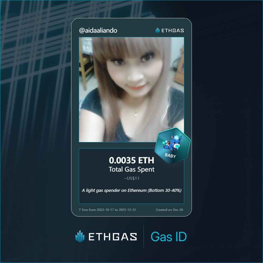 aidaaliando's tweet photo. Just unlocked my Gas ID via ETHGas 🪪

I'm a Baby Jack with 0.0035 ETH spent on gas since Beacon Chain - now fueling my climb to the Gasless Future and earned 1 Beans already. 

Reveal yours at https://t.co/AlNsCybv2e https://t.co/yxKqlaWY4m
