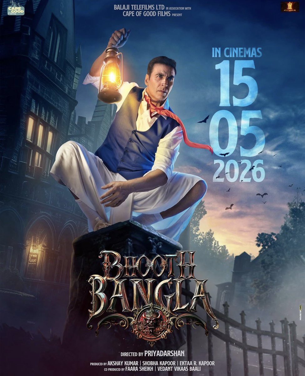 Sawan024's tweet image. #BhoothBangla
RELEASE DATE ANNOUNCED FOR AKSHAY KUMAR - PRIYADARSHAN - BALAJI BIGGIE BHOOTH BANGLA

Most awaited horror-comedy of 2026, #BhoothBangla, is all set to release in cinemas on 15 May 2026.

This one will be MASSIVE!

#AkshayKumar #Priyadarshan