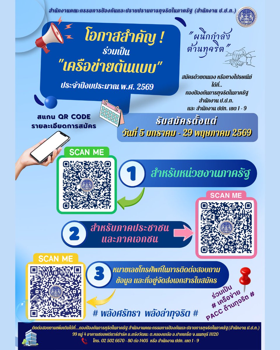 📣 สำนักงาน ป.ป.ท. เปิดรับสมัครคัดเลือกเครือข่ายเพื่อเข้ารับรางวัล
🔷 “เครือข่ายต้นแบบในการป้องกันและเฝ้าระวังการทุจริต" ประจำปีงบประมาณ พ.ศ. 2569
🗓️ ระหว่างวันที่ 5 มกราคม - 29 พฤษภาคม 2569
(วันที่ไปรษณีย์ประทับตรา)
☎️ สอบถามรายละเอียดเพิ่มเติม 
โทร. 0 2502 6670-80 ต่อ 1405