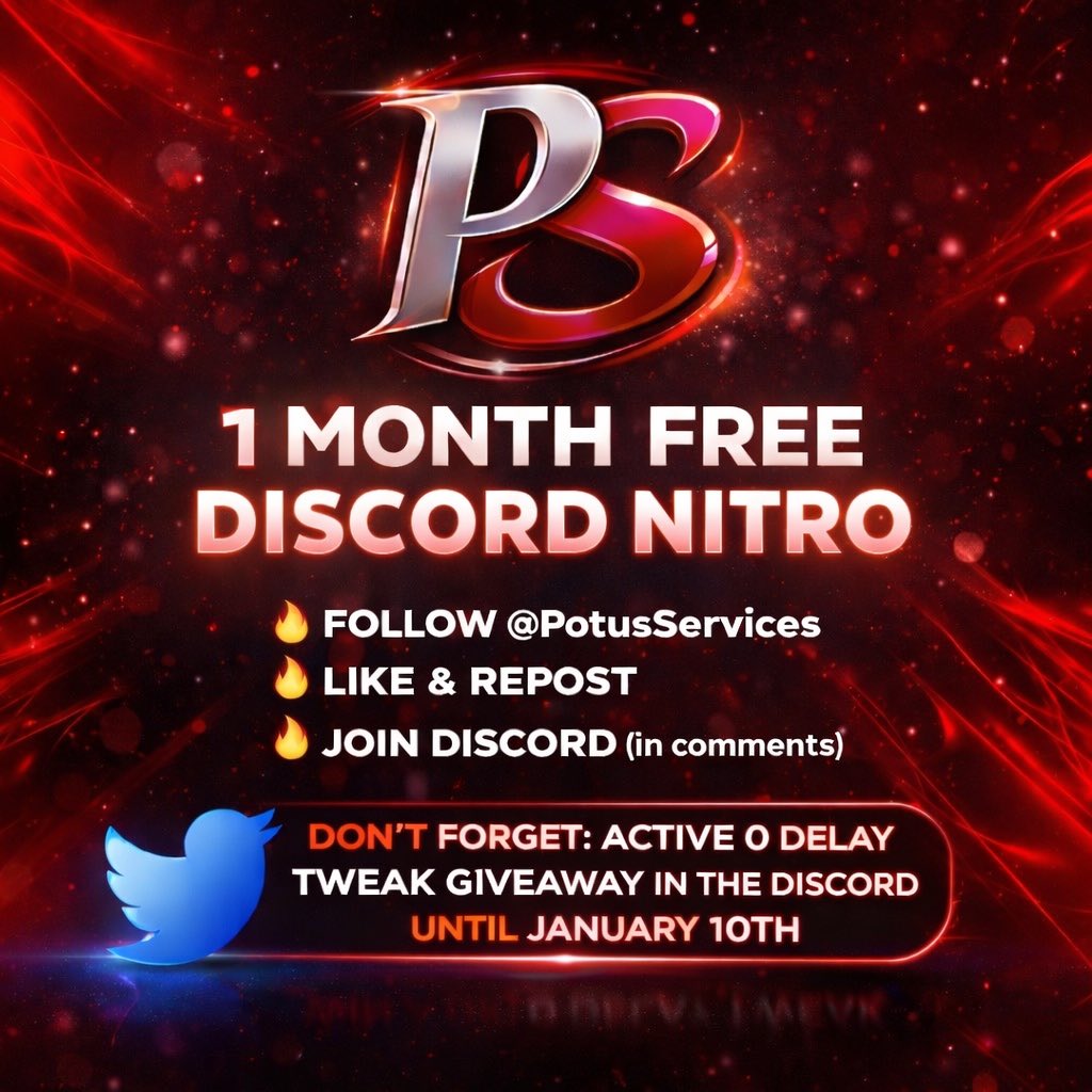 PotusServices's tweet image. 1 Month FREE Discord Nitro 🚨

1️⃣ Join the Discord (link in comments)
2️⃣ Go to 🤖 | commands
3️⃣ Type /nitrogen
4️⃣ Once it generates, click Claim 🎉

⚠️ Active 0 Delay Tweak Giveaway in the Discord until January 10th