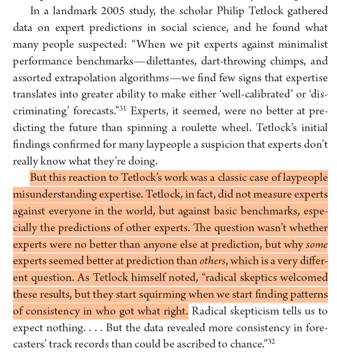 RadioFreeTom's tweet photo. The best thing about laypeople thinking that Tetlock's study debunked the value of expertise is that it comes from laypeople misunderstanding the value of expertise - as Tetlock himself noted. https://t.co/7O9lsVoyuX
