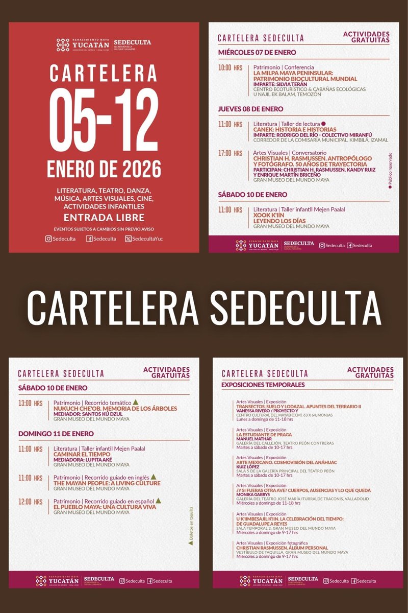 #Sedeculta presenta su #cartelera cultural del 5 al 12 de enero 2026, una semana llena de #arte, tradición y creatividad para todas y todos
Disfruta de #literatura, #teatro, #danza, #música, #artesvisuales y #actividades infantiles, con #talleres y #exposiciones

#Mérida #Yucatán