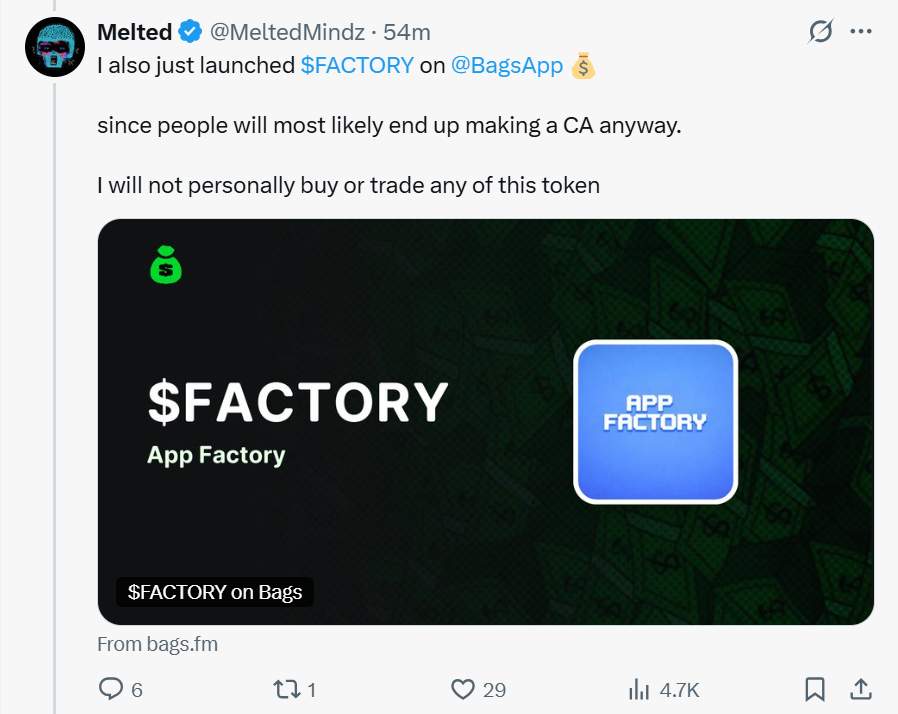 $FACTORY 511k dyor

CA:BkSbFrDMkfkoG4NDUwadEGeQgVwoXkR3F3P1MPUnBAGS

okx wallet:web3.okx.com/ul/tSkiKx5?ref…

gmgn:gmgn.ai/sol/token/bSBY…

Token Narrative:App Factory is an open-source, AI-driven app development pipeline system created by Melted, using Anthropic's Claude AI model as