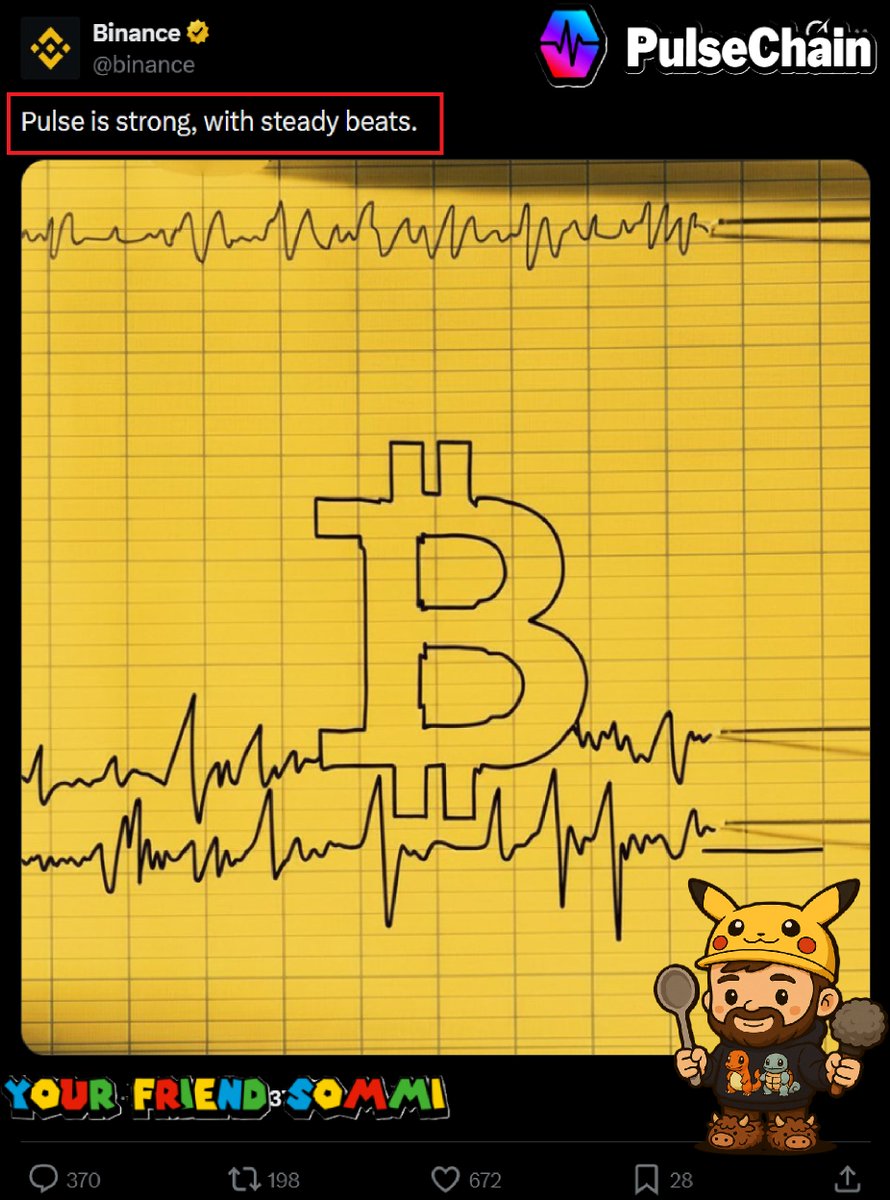 ❤️💛💚💙

🚨 BREAKING 🚨

Binance CONFIRM Friendship with PulseChain again.

Binance tweets: "Pulse is strong, with steady beats."

This is the 15th reference to PulseChain (scroll below for more historical reference pics I collected for you)