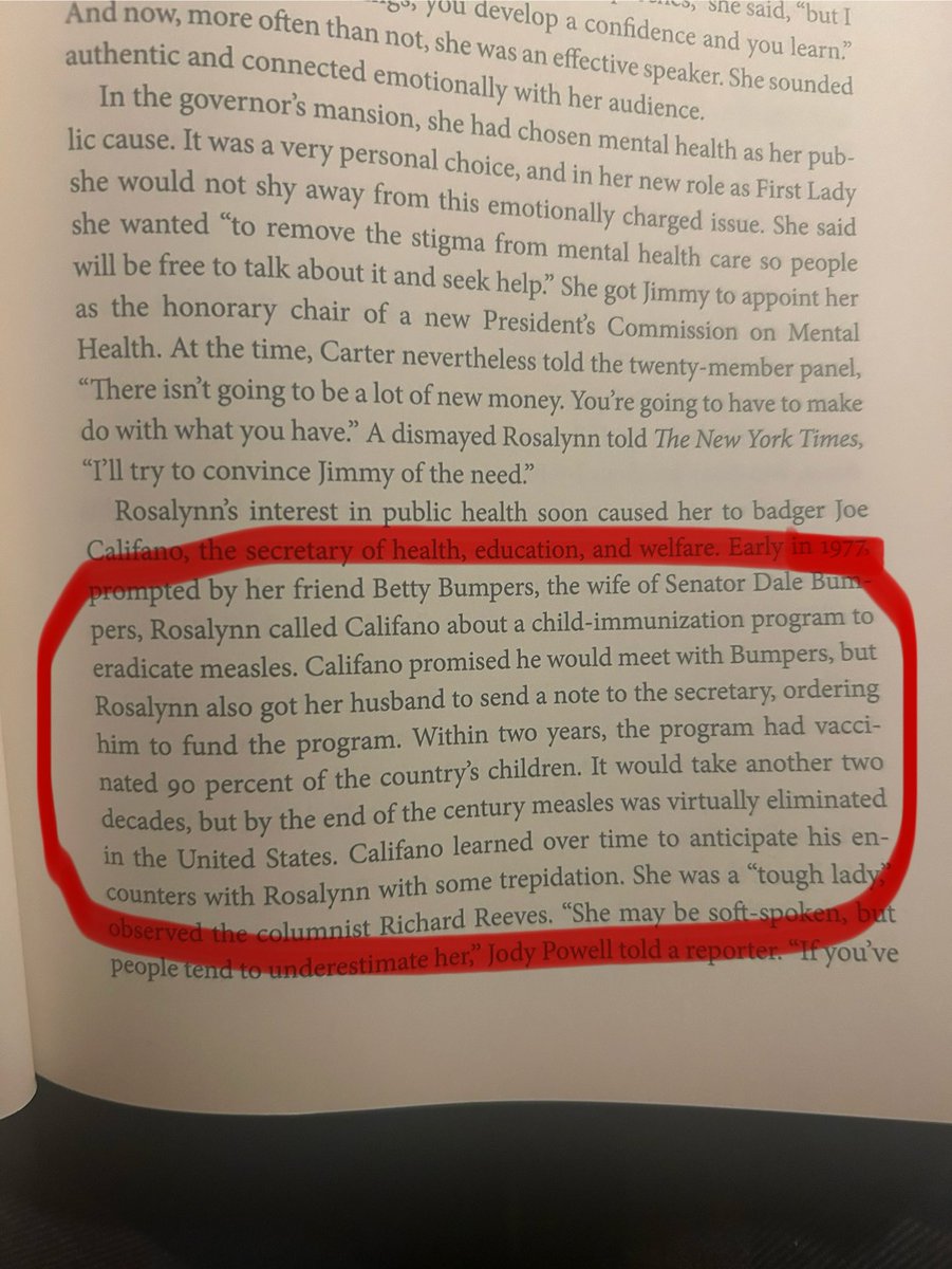 RHTIII's tweet image. Seeing this in writing is a somber reminder for how far our country has regressed on healthcare… This excerpt re measles vaccinations for children that helped ramp up during the Carter administration. An excerpt from the fantastic book ‘The Outlier’ by ⁦@Kaibird123⁩