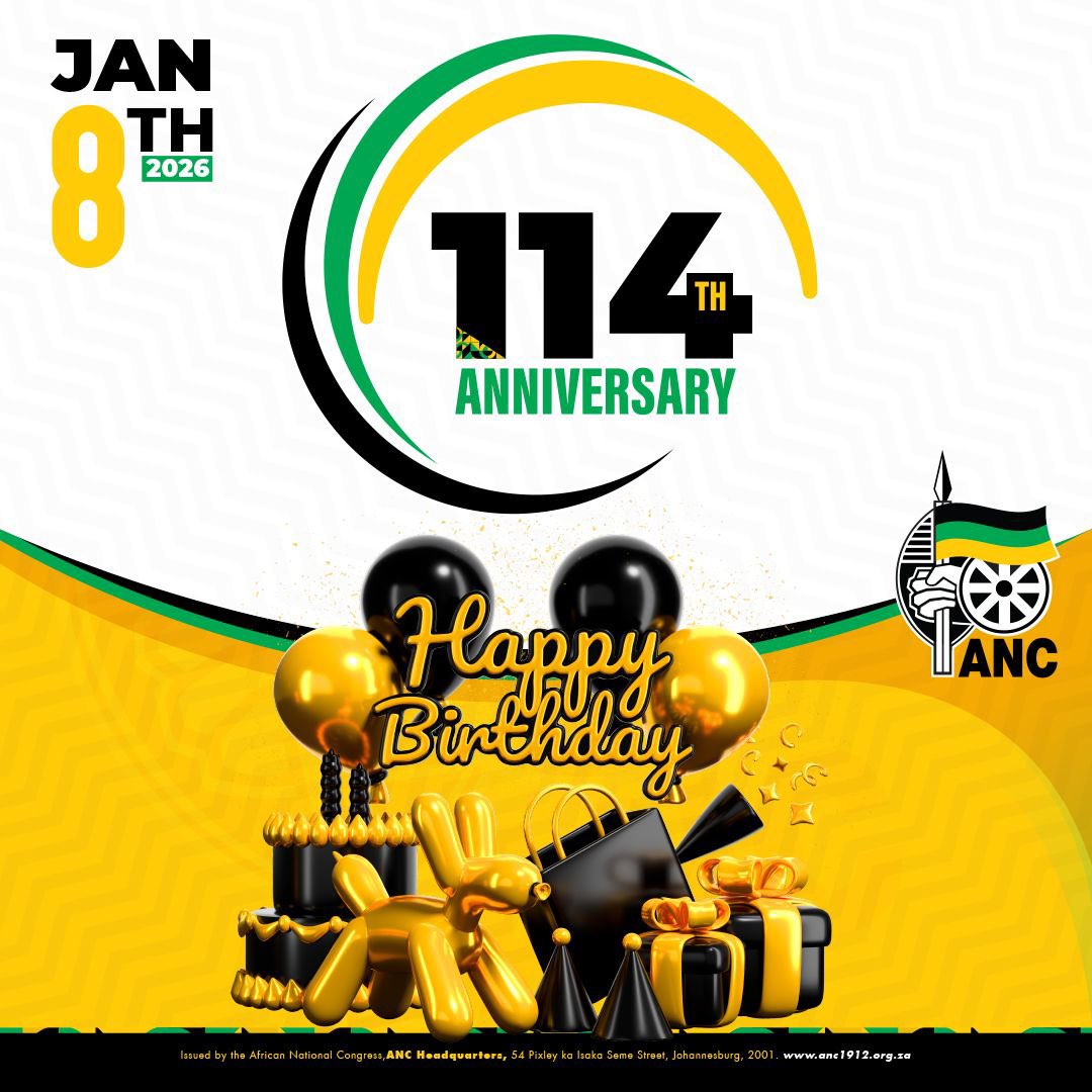 Today we proudly mark the 114th Anniversary of the African National Congress, celebrating more than a century of unwavering commitment to the struggle for freedom, unity and social justice. As the ANC turns 114, we honour the legacy of our founders and generations of activists,