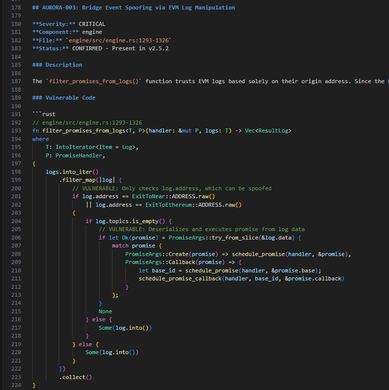 Monlikee's tweet photo. I ran an Agnech deep scan against the Aurora v2.5.2 codebase and can confidently say this tool finds business ending logic exploits ($200M potential loss and $8M in bounty payouts).

Should be interesting for web3 builders. Not only did it pinpoint the root LOC that opened up the attack, but traced the attack vector to prove the reachability of the exploits.

Here is a snippet of 2/3 of the critical findings. Lmk if you'd want to see what it found in depth. Posting the Delegatecall attack flow in the comments.