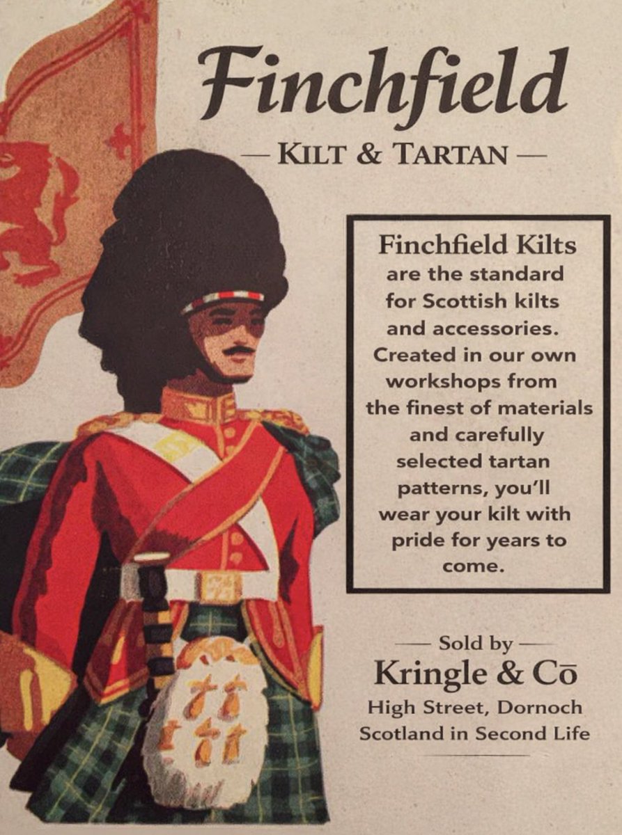 With Robert Burns day approaching, now is the time to order your own kilt for the various Burns Suppers being held in #SecondLife on 25 January. Kringle &amp; Co. has a great selection of premade kilts in stock or custom tartan orders taken. Contact Kiltsby Finchfield in world!