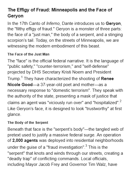 dlingenfelter's tweet photo. The federal narrative is the monster Geryon’s face: a "justice" mask hiding a lethal sting.
Labeling poet Renee Nicole Good a "terrorist" to mask a killing is pure fraud. Look past the propaganda to see the truth. #ReneeNicoleGood #Geryon #Truth https://t.co/Z1IQBMuUza