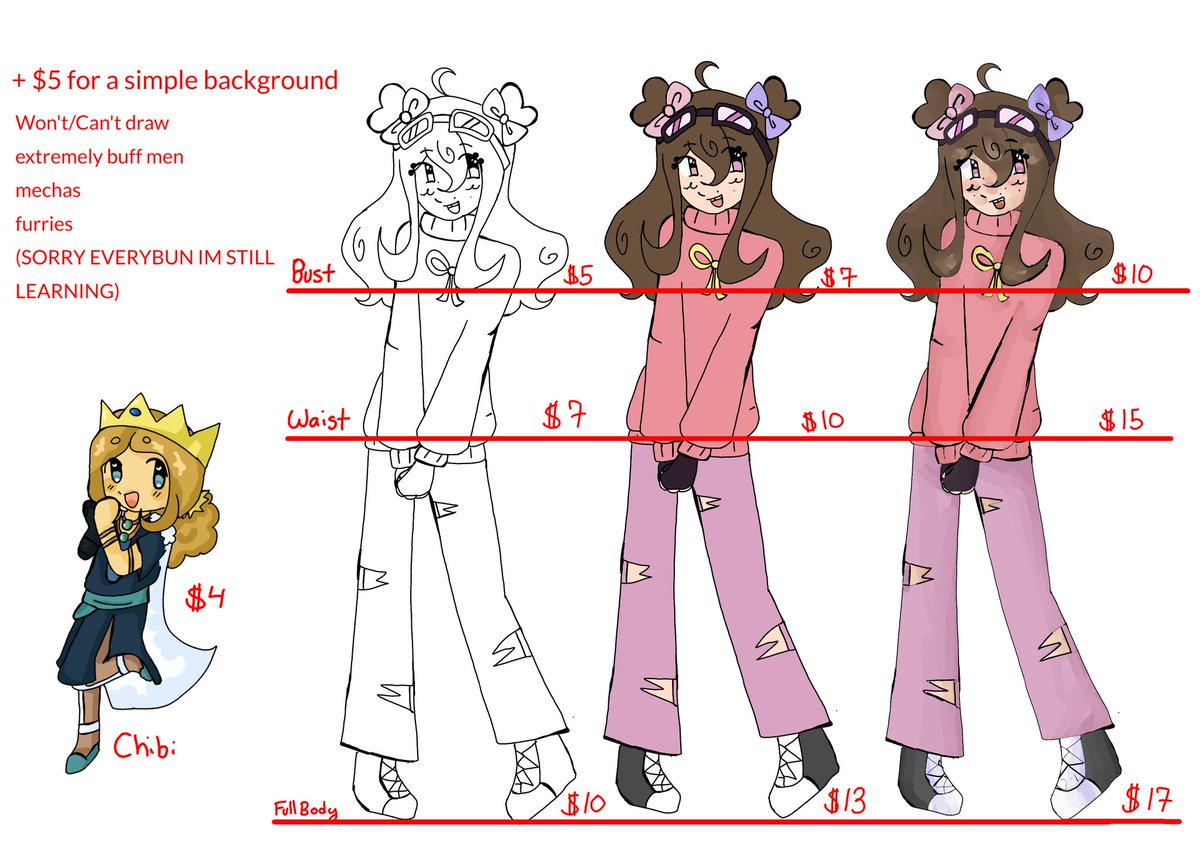 Hello these are my C0mm prices all in CAD uh message me on here 
Also
acggoods.com/store/Colourin…
Pls