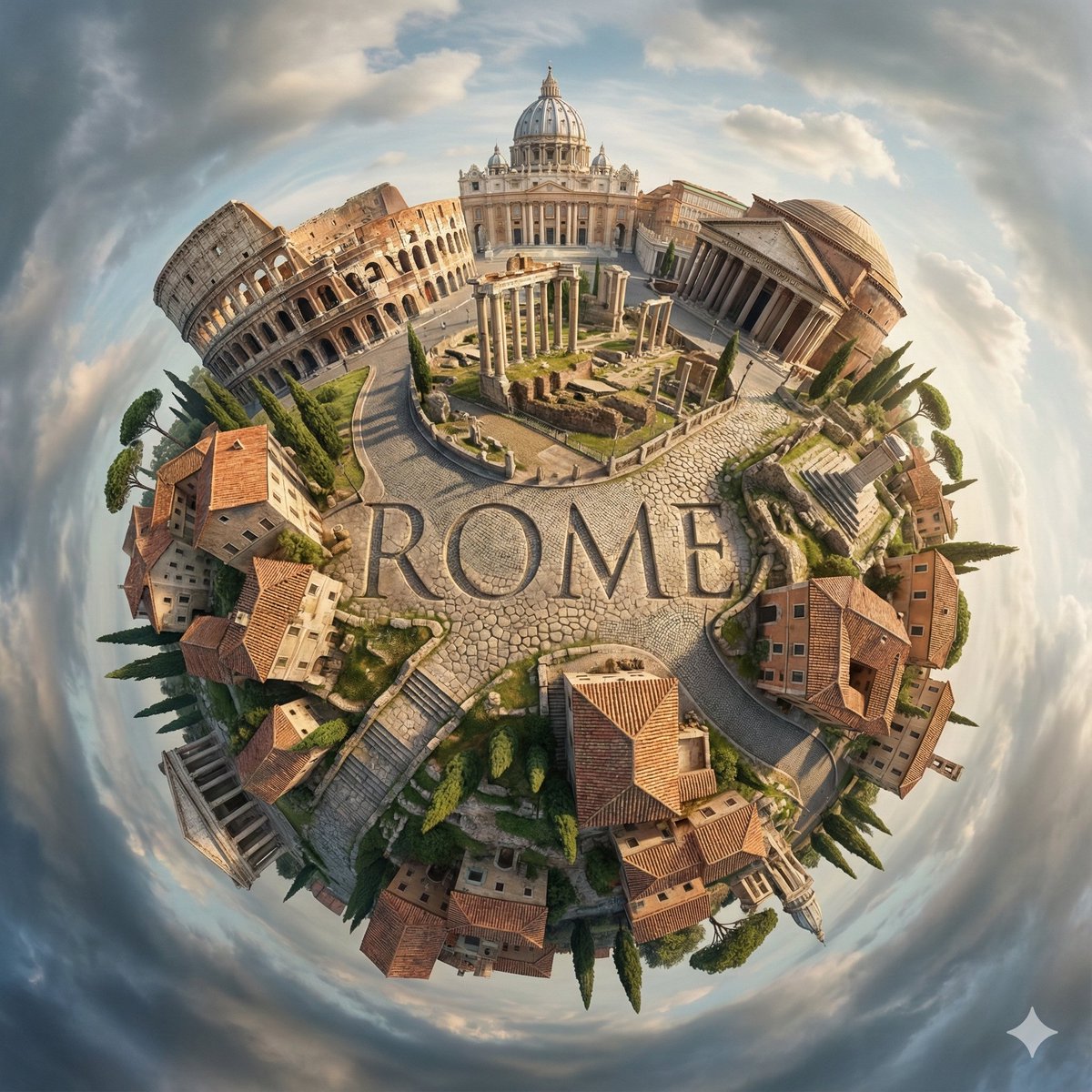This AI image generation style creates a hyperrealistic, surreal depiction of a city as a tiny planet, blending architectural elements seamlessly with modern typography.