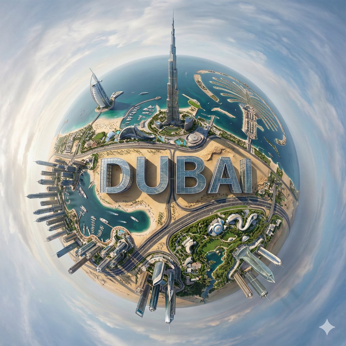 This AI image generation style creates a hyperrealistic, surreal depiction of a city as a tiny planet, blending architectural elements seamlessly with modern typography.