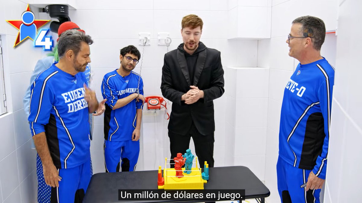 chgibran's tweet photo. La imagen más surreal y menos esperada que verás hoy. Eugenio Derbez , Mr Beast ,   Steve-O y un jóven esposado al fondo, con la frase "1 millon de dólares en juego". Para esto pago internet. https://t.co/yQxWrNbTSL