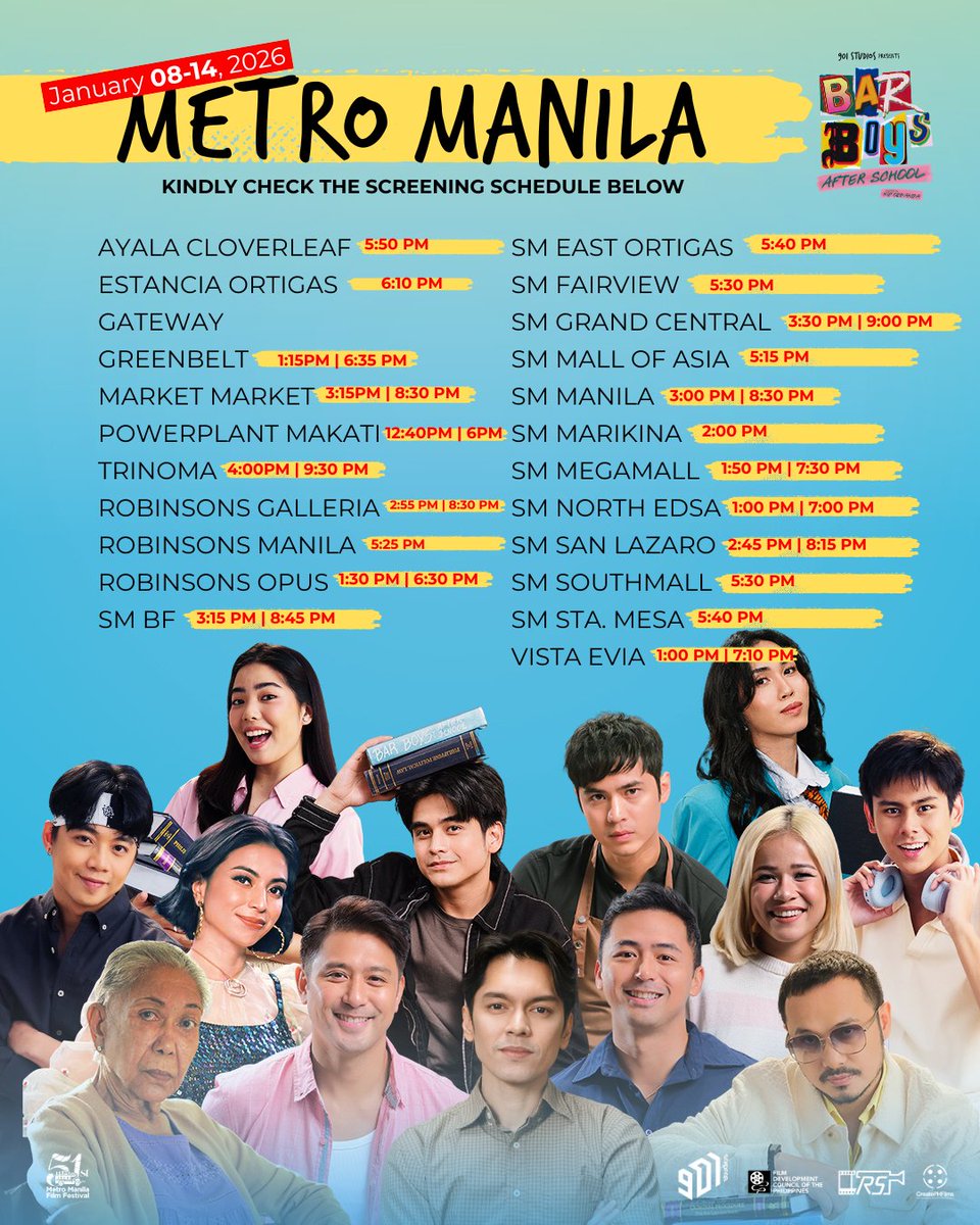 BarBoysMovie's tweet photo. BAR BOYS: AFTER SCHOOL EXTENDED!! 

'Di pa tapos ang iyak-tawa sa mga sinehan ngayong 2026! 📷 Here's the updated list of our screenings on our third week! Please check the screening times at your selected cinemas at sugod na!  #BarBoysAfterSchool https://t.co/MeDfpXuQ18