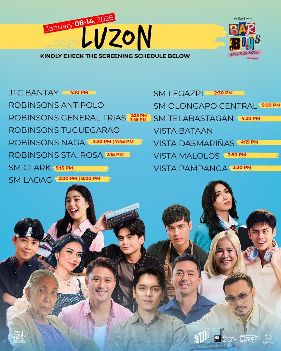 BarBoysMovie's tweet photo. BAR BOYS: AFTER SCHOOL EXTENDED!! 

'Di pa tapos ang iyak-tawa sa mga sinehan ngayong 2026! 📷 Here's the updated list of our screenings on our third week! Please check the screening times at your selected cinemas at sugod na!  #BarBoysAfterSchool https://t.co/MeDfpXuQ18