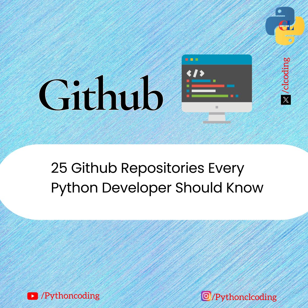 clcoding's tweet photo. 25 Github Repositories Every Python Developer Should Know

https://t.co/5gUNq5hUQA https://t.co/GQJQMbES2E