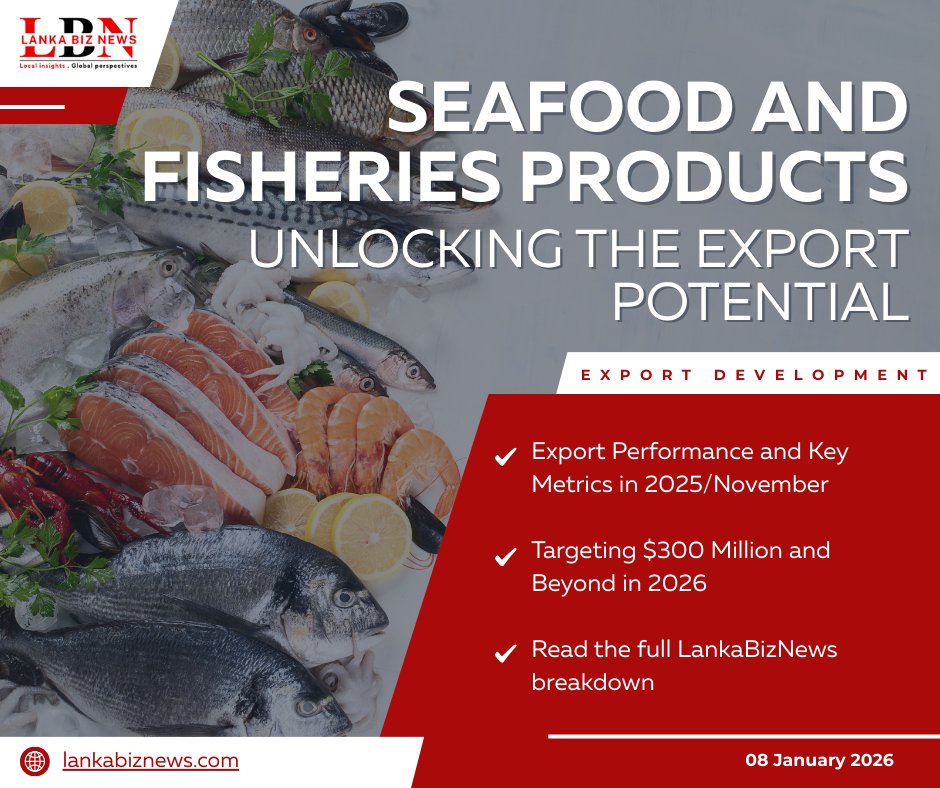 lanka_biz30250's tweet photo. Sri Lankaโs seafood and fisheries exports rise in 2025, with valueโadded growth and sustainability paving the way for $300M+ potential in 2026.
Read๐๐ป https://t.co/tIh8VpMGFr
#SriLankaSeafood #SustainableGrowth #GlobalMarkets #ExportDevelopment #ValueAdded #LankaBizNews https://t.co/uLq9ukxZPl