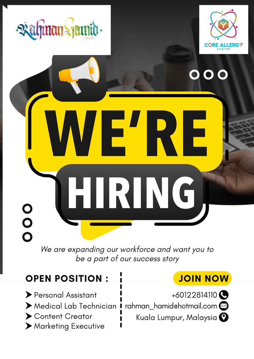 allergy_my's tweet photo. Starting the New Year 2026 with some good news. Im hiring under my Allergy Centre for the position: 1) PA to me, 2) Medical Lab Technologist, 3) Content Creator for media social, Marketing Executive. https://t.co/LOPrhzW3K0