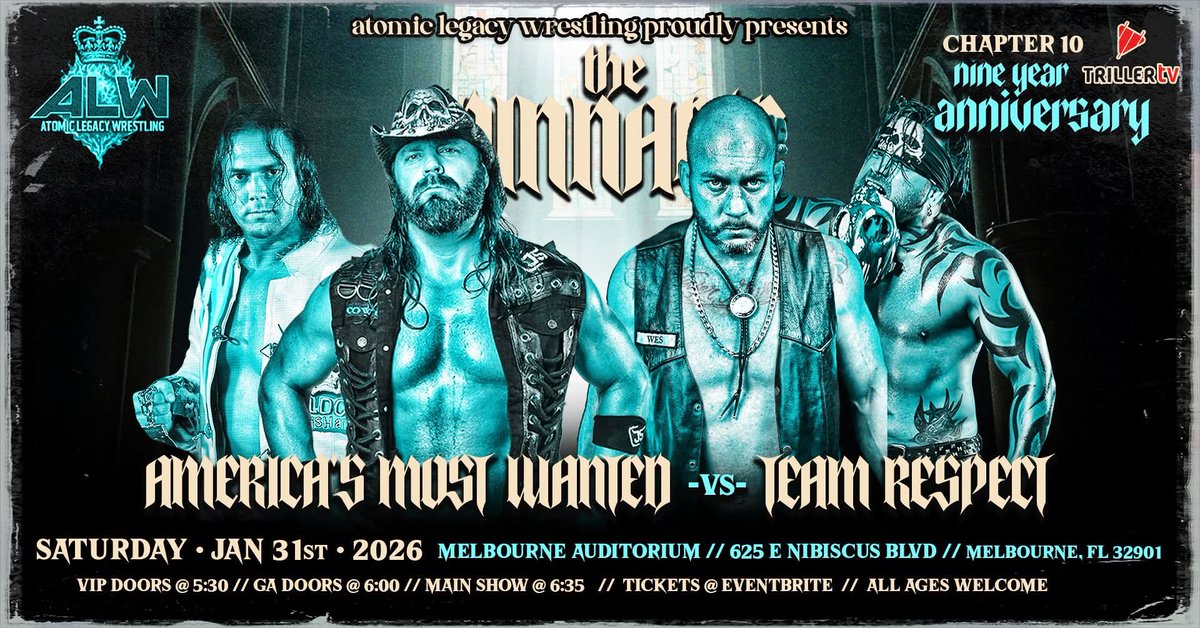 MATCH ANNOUNCEMENT 🔥l
ALW Tag Team Titles at The PINNACLE
🇺🇸 America’s Most Wanted
(<a href="/JamesStormBrand/">James Storm</a> &amp; Chris Harris)
vs
💪 Team Respect
(Jesse Neal &amp; <a href="/Wesbrisco/">Wes brisco</a>)
RARE AMW reunion!
📍 Jan 31 | Melbourne, FL
🎟️ Tickets on sale now — Don’t miss history!
#ALW #WWE #NXT #tna #AEW