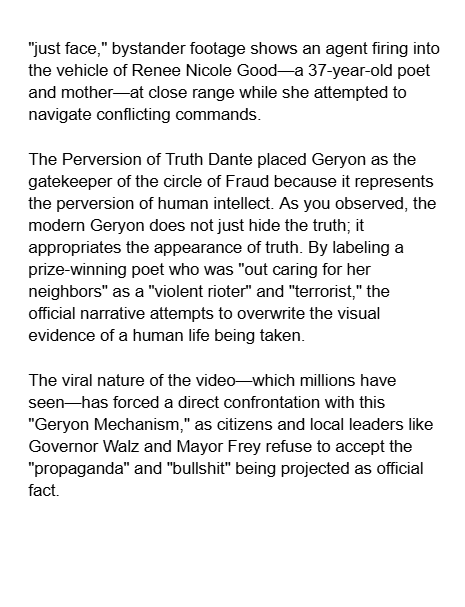 dlingenfelter's tweet photo. Minneapolis, Jan 7, 2026: The modern monster Geryon.
The "just face" of federal propaganda hides the "scorpion’s sting" of a poet’s death. Labeling Renee Nicole Good a "terrorist" to overwrite video of a killing is the ultimate fraud. #ReneeNicoleGood #Geryon #Truth https://t.co/ispwVtUqir