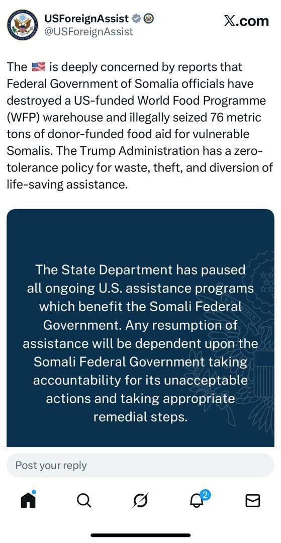 The United States has accused officials from the Federal Government of Somalia (FGS) of destroying a warehouse reportedly belonging to the World Food Programme (WFP), supported by the US government.