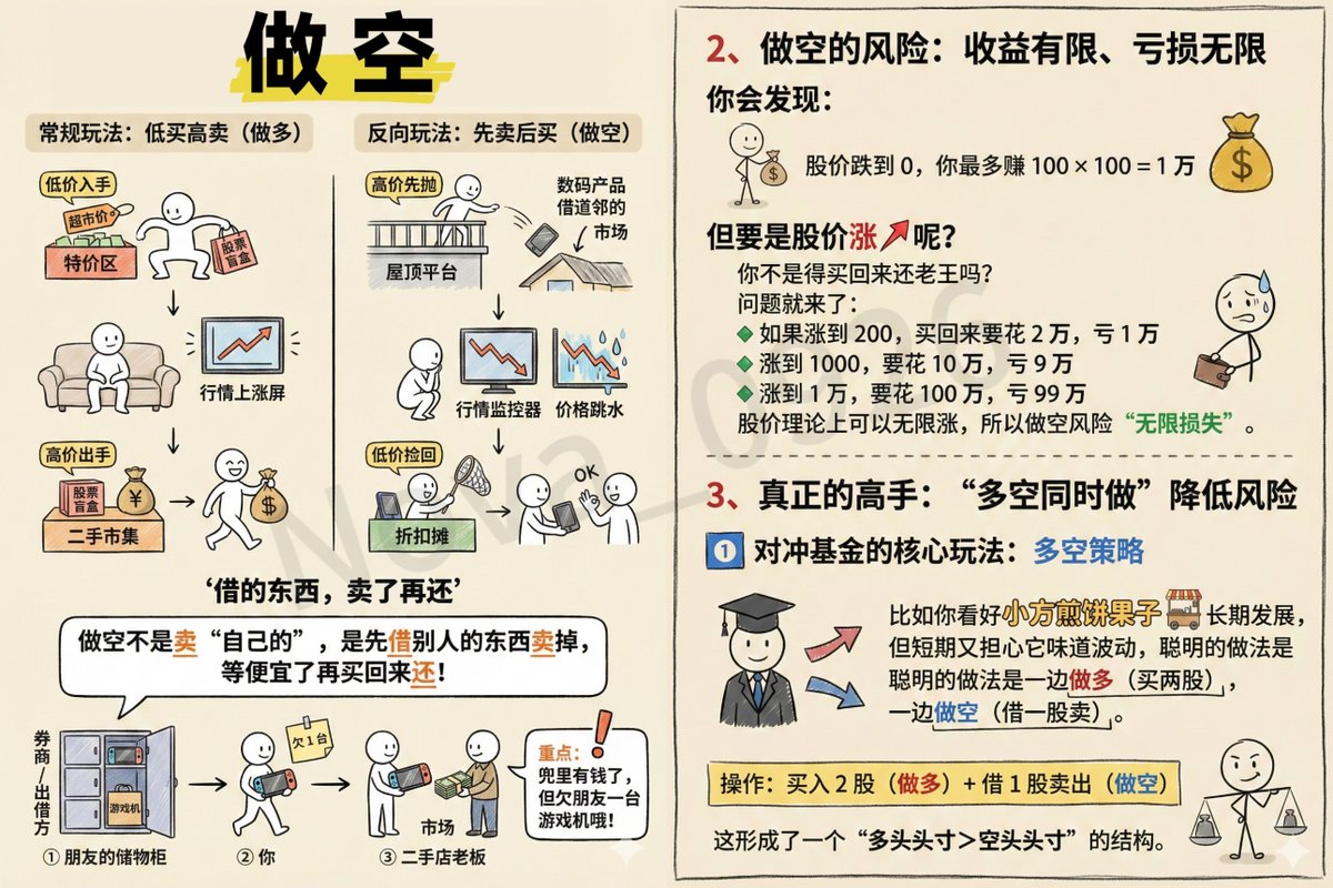 币皇小王子的金融课堂～ 今天讲做空简单来说，就是你借入资产卖出，期望之后以更低的价格再买入，赚取其中的差价。听起来有点像“反向”交易，但精准操作可以带来很大的利润。  做空的基本步骤