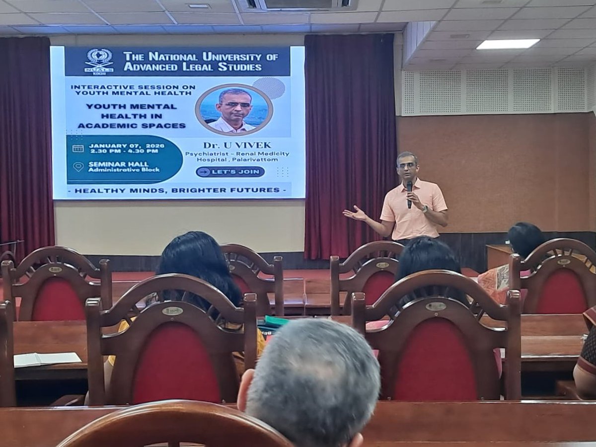 Interactive Session on "Youth Mental Health in Academic Spaces" by Dr. U Vivek, Psychiatrist, Renai Medicity, Kochi for the Faculty of the University.
#NUALS #MentalHealth #UVivek