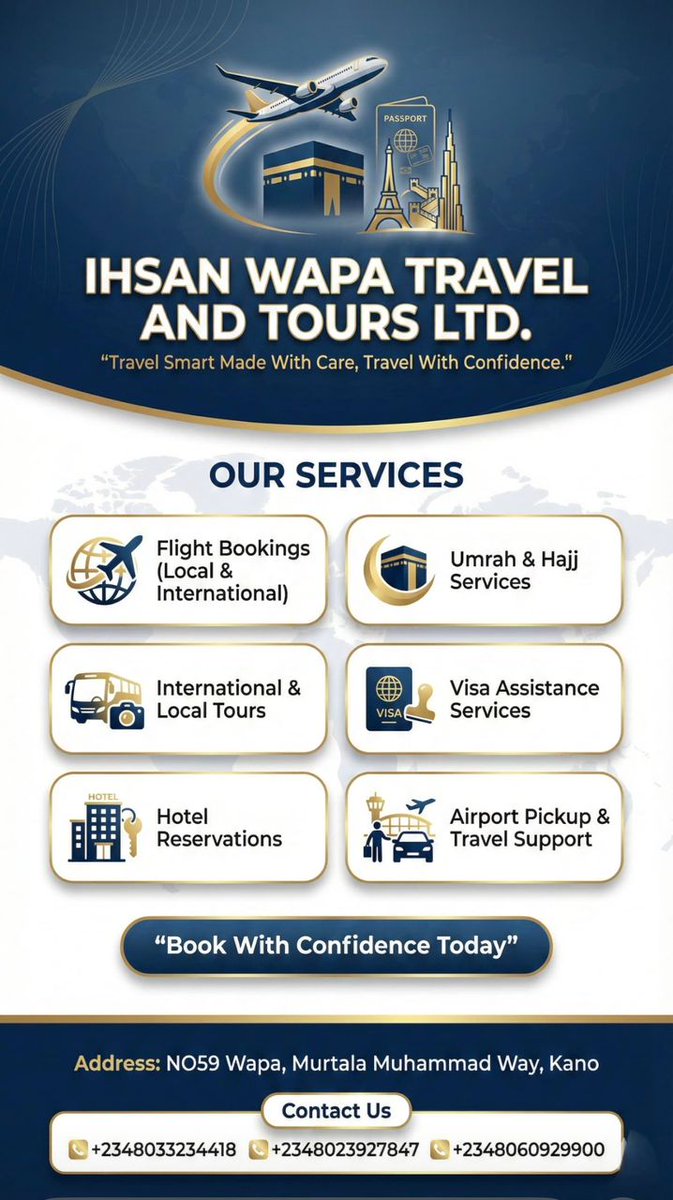 36_Diiamond's tweet photo. ✈️ Travel with Confidence!
Looking for reliable travel services?
IHSAN WAPA TRAVEL &amp; TOURS LTD.offers:
🌍Local &amp; International Flights
🕋Umrah &amp; Hajj Packages
🛂Visa Assistance
🏨Hotel Reservations
🚐Airport Pickup &amp; Tours
📍Kano
📞+2348033234418
👉Book smart. Travel stress-free. https://t.co/2Te3NFNeII