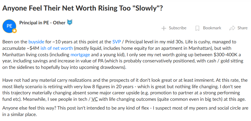 Restructuring__'s tweet image. The definition of the NYC problem:

- Mid-30s with a $4mm net worth
- Net worth only increasing by $300–400k/year
- Will only retire with a low eight-figure net worth
