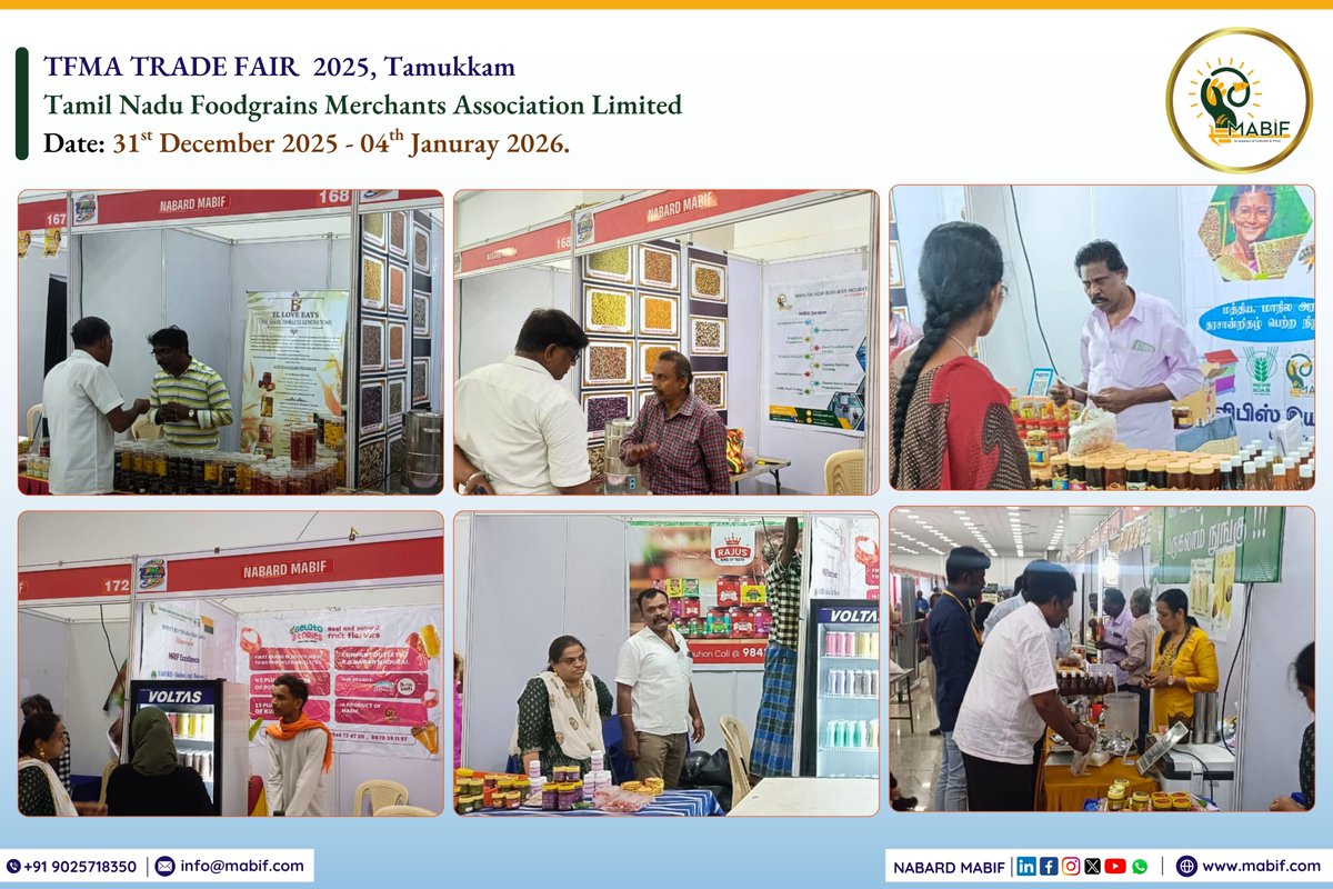 We are delighted to share that NABARD MABIF’s incubatees had a presence at the TFMA Trade Fair, organized by the Tamil Nadu Foodgrains Merchants Association Limited, held at Tamukkam, Madurai, from 31st December 2025 to 4th January 2026.