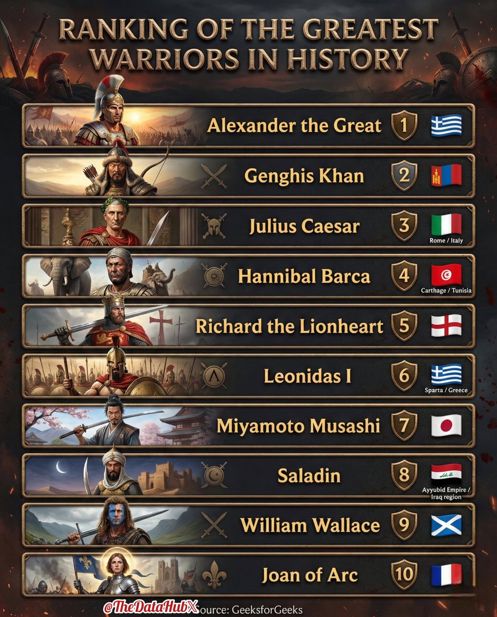 Ranking of the greatest warriors in History:

1. 🇬🇷 Alexander the Great
2. 🇲🇳 Gengis Khan
3. 🇮🇹 Julius Caesar
4. 🇹🇳 Hannibal Barca
5. 🏴󠁧󠁢󠁥󠁮󠁧󠁿 Richard the Lionheart
6. 🇬🇷 Leonidas I
7. 🇯🇵 Miyamoto Musashi
8. 🇮🇶 Saladin
9. 🏴󠁧󠁢󠁳󠁣󠁴󠁿 William Wallace
10. 🇫🇷 Joan of Arc

According to