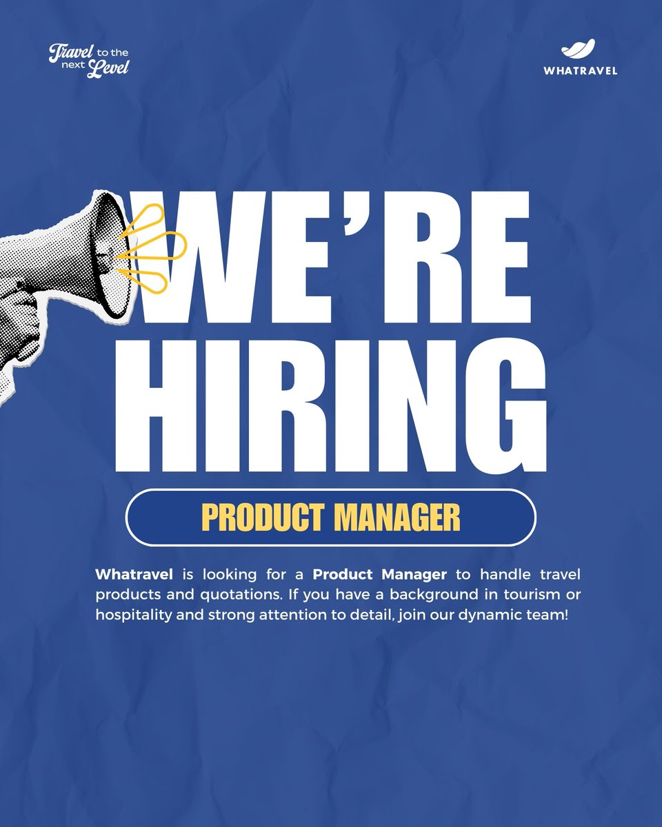 whatravel's tweet image. 🚨WE ARE HIRING - PRODUCT MANAGER 📣 

Whatravel is looking for a Product Manager to handle travel products and quotations. If you have a background in tourism or hospitality and strong attention to detail, join our dynamic team!

#lokerjkt #lokercot #lokerjakarta
