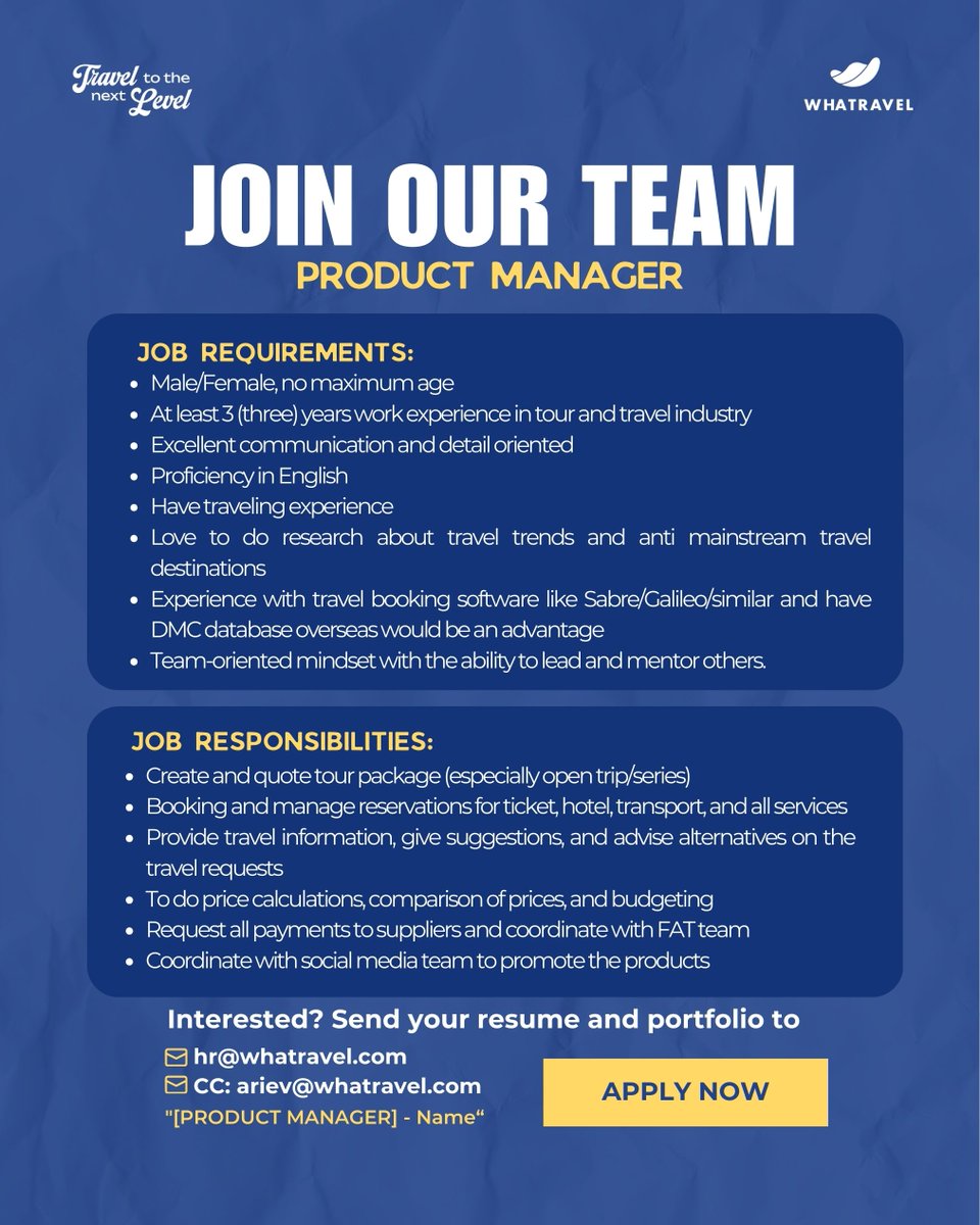 whatravel's tweet image. 🚨WE ARE HIRING - PRODUCT MANAGER 📣 

Whatravel is looking for a Product Manager to handle travel products and quotations. If you have a background in tourism or hospitality and strong attention to detail, join our dynamic team!

#lokerjkt #lokercot #lokerjakarta