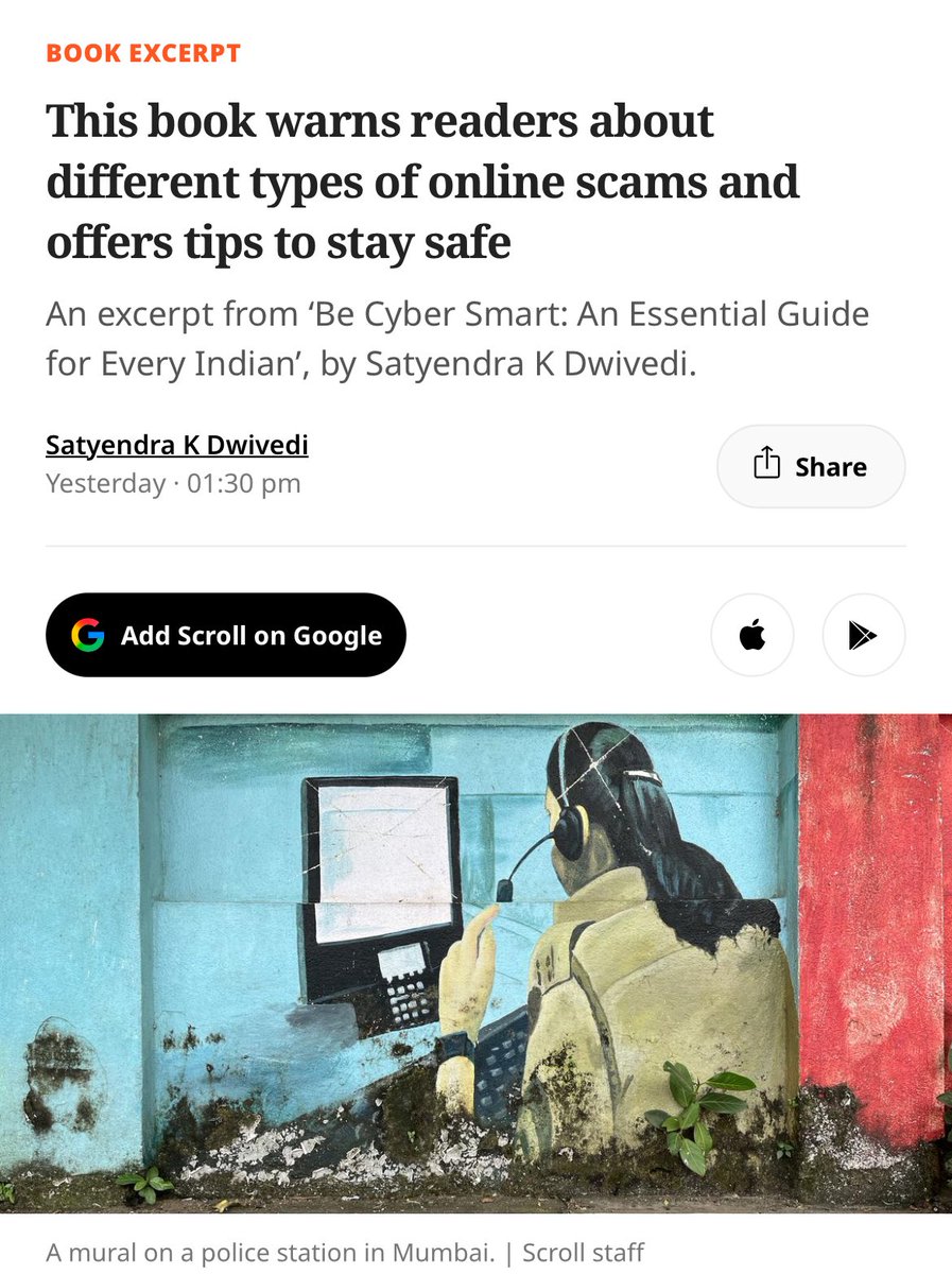 With real-life stories, Be Cyber Smart by <a href="/satyendrakd/">Satyen101</a> exposes how cybercriminals operate and offers actionable steps to stay safe online. 

Read an extract here: scroll.in/article/108913…