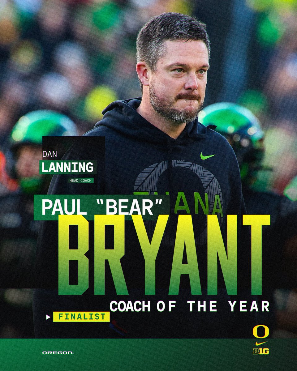 Leading the way. 

<a href="/CoachDanLanning/">Dan Lanning</a> is a finalist for the Paul “Bear” Bryant National Coach of the Year Award. 

#GoDucks x <a href="/bryantawards/">Paul "Bear" Bryant Awards</a>