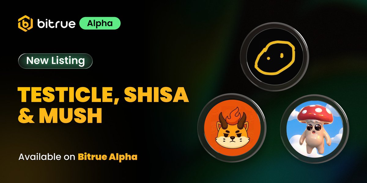 BitrueOfficial's tweet image. ✨ NEW LISTINGS: $TESTICLE, $SHISA &amp;amp; $MUSH NOW LIVE on #Bitrue Alpha!  @shisaBNB   

Contract Addresses:   
🔹 $TESTICLE - 4TyZGqRLG3VcHTGMcLBoPUmqYitMVojXinAmkL8xpump 
🔹 $SHISA - 0x595b0774d1B2C87dBf9720912ba0870aE9B94444 
🔹 $MUSH - CQ4PZEmJkR8Zchhfp21fkoCAJuZiv2dhA4QfKqupump…