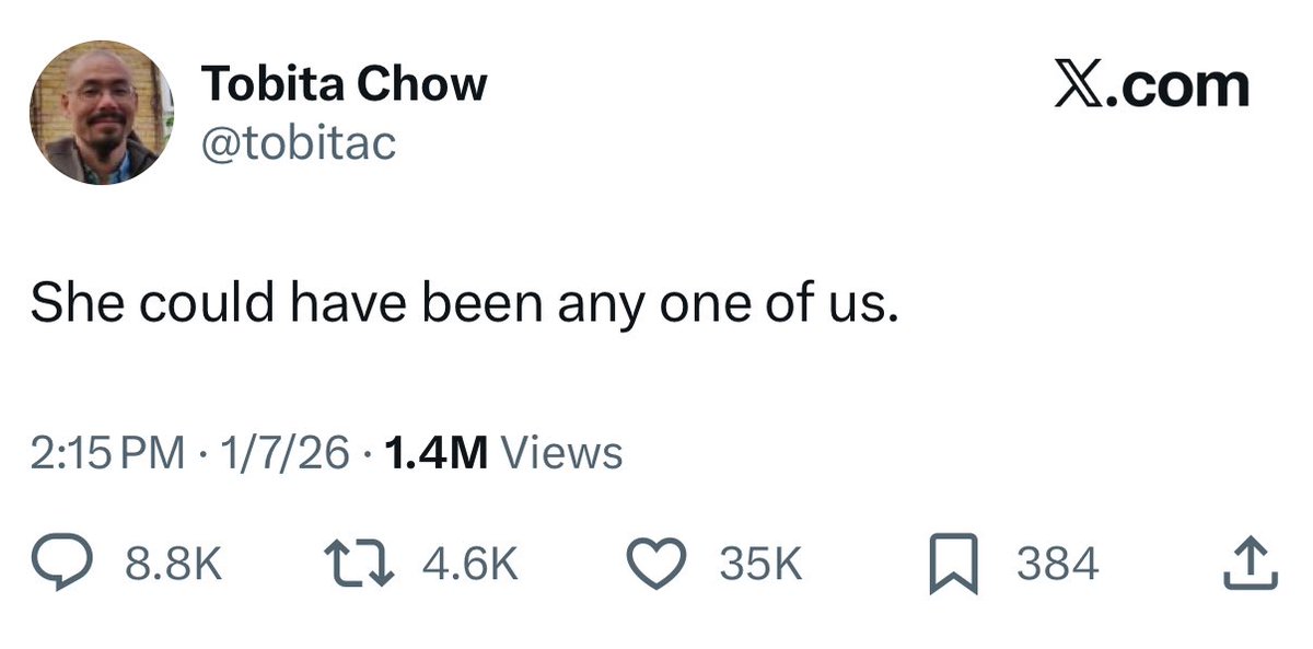 alx's tweet image. ‘She could have been any one of us’

Who among us hasn’t traveled to another state to impede an ongoing ICE operation, refused to comply with explicit orders from law enforcement to exit the vehicle, and proceeded to accelerate toward a federal agent standing in front of the car?